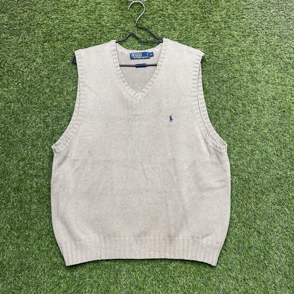 Polo Ralph Lauren Sweater Vest Mens XL Beige Cotton V Neck Knit Logo Pullover